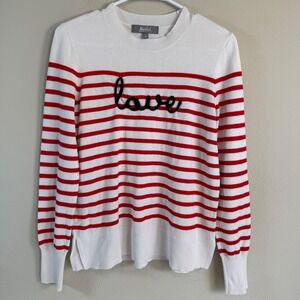 Love Knit Sweater Medium White Red Stripe Crewneck Long Sleeve Preppy Valentines